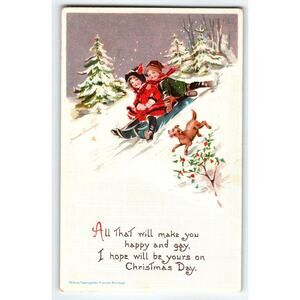 Christmas Postcard Signed Frances Brundage Kids Dog On Sled Gabriel Germany 229